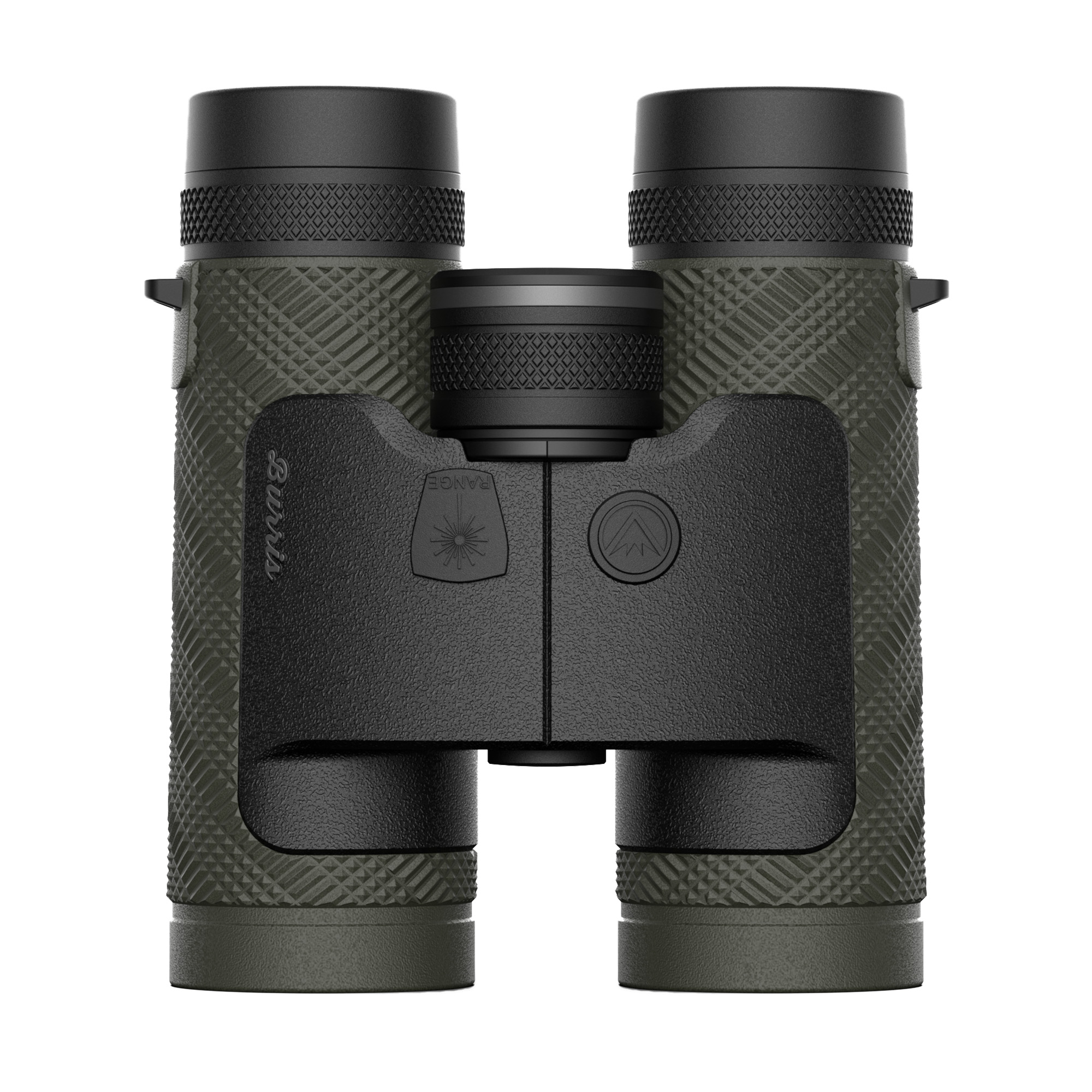 Burris Signature HD 10x42 rangefinding binocular in green and gray with rubber armor and laser rangefinder housing