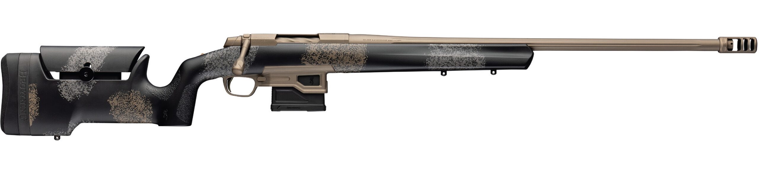Browning X-Bolt 2 bolt-action rifle with smoked bronze barrel, muzzle brake and camo gray composite stock