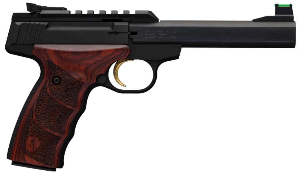Browning Buck Mark Plus UDX pistol with black frame, blued barrel and rosewood grips