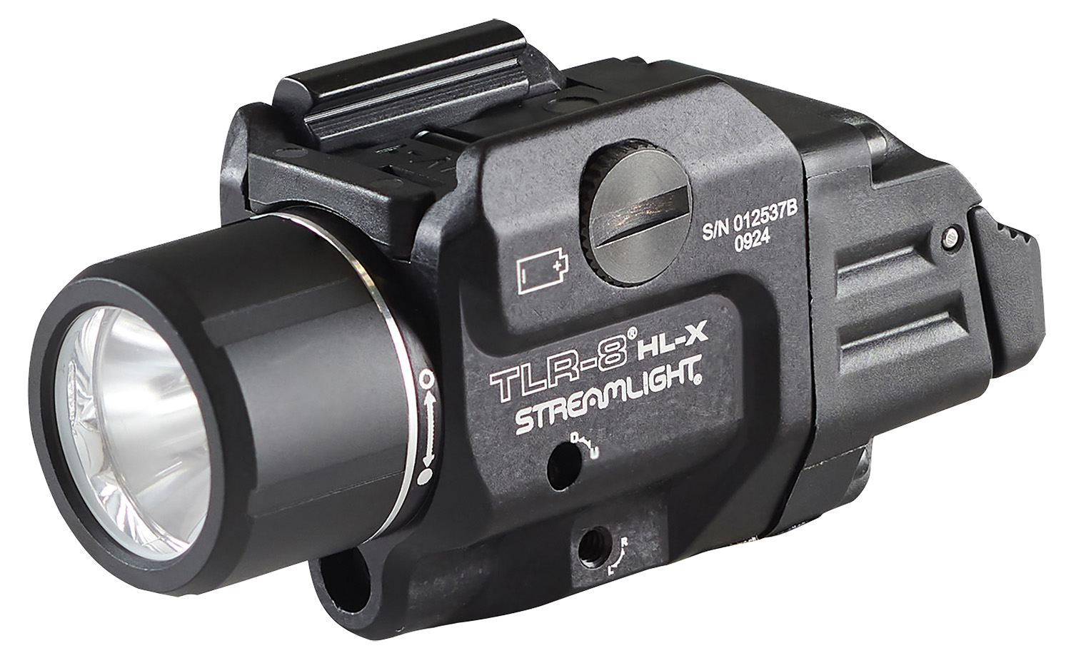 Black Streamlight TLR-8 HL-X rail-mounted light and laser unit with lens and rear switch