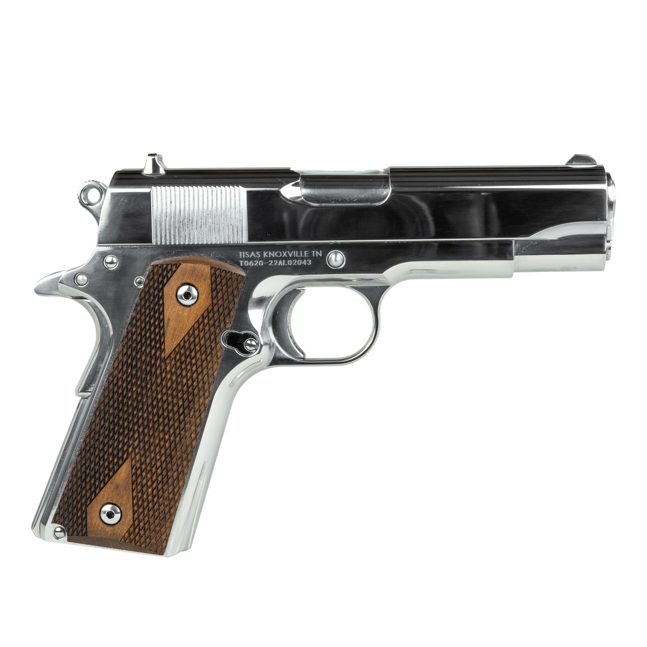 Tisas 1911 Desperado pistol with polished chrome finish and Turkish walnut grips, right side view