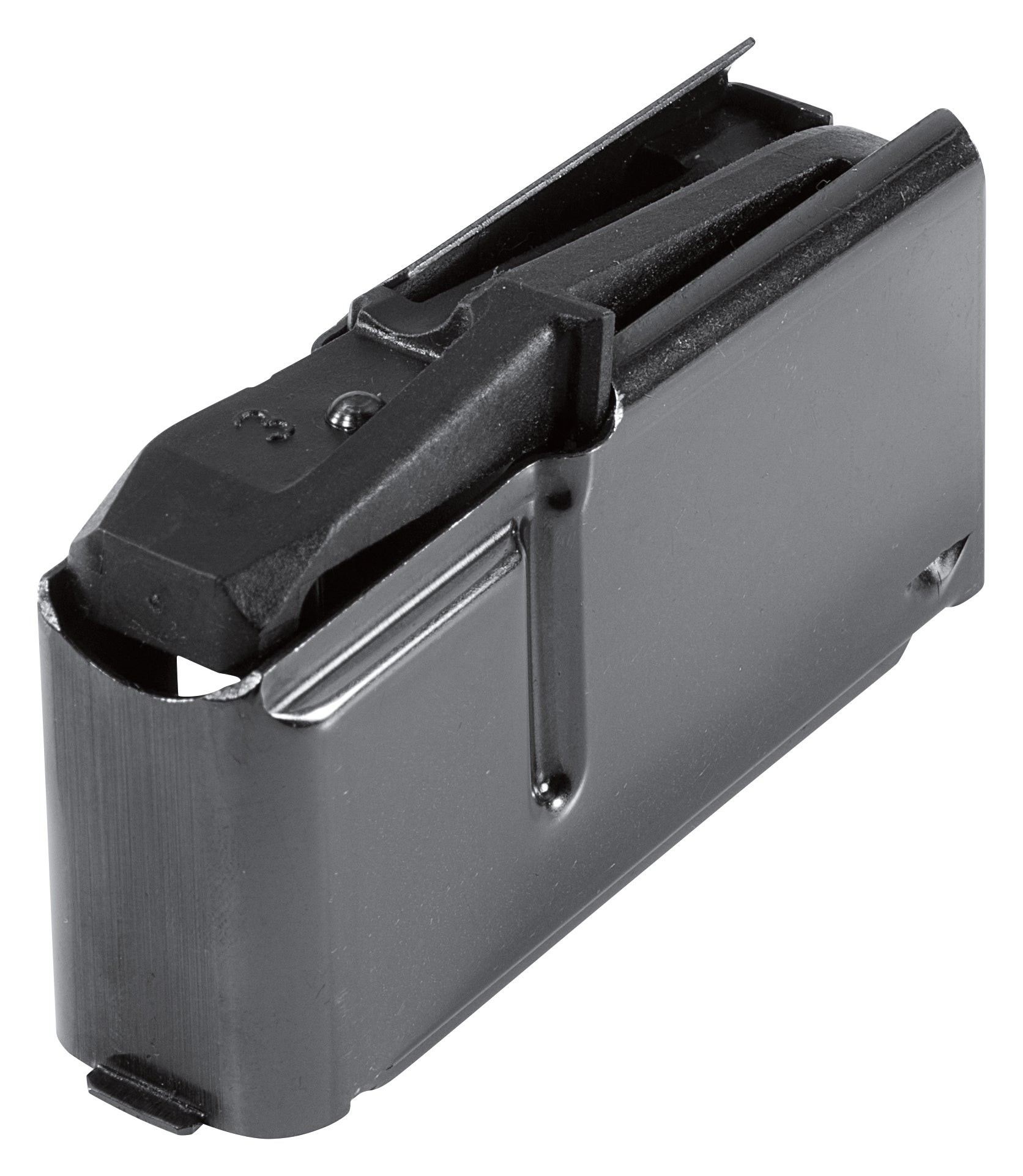 Black Browning BAR 4-round magazine with metal body and dark polymer follower at an angle