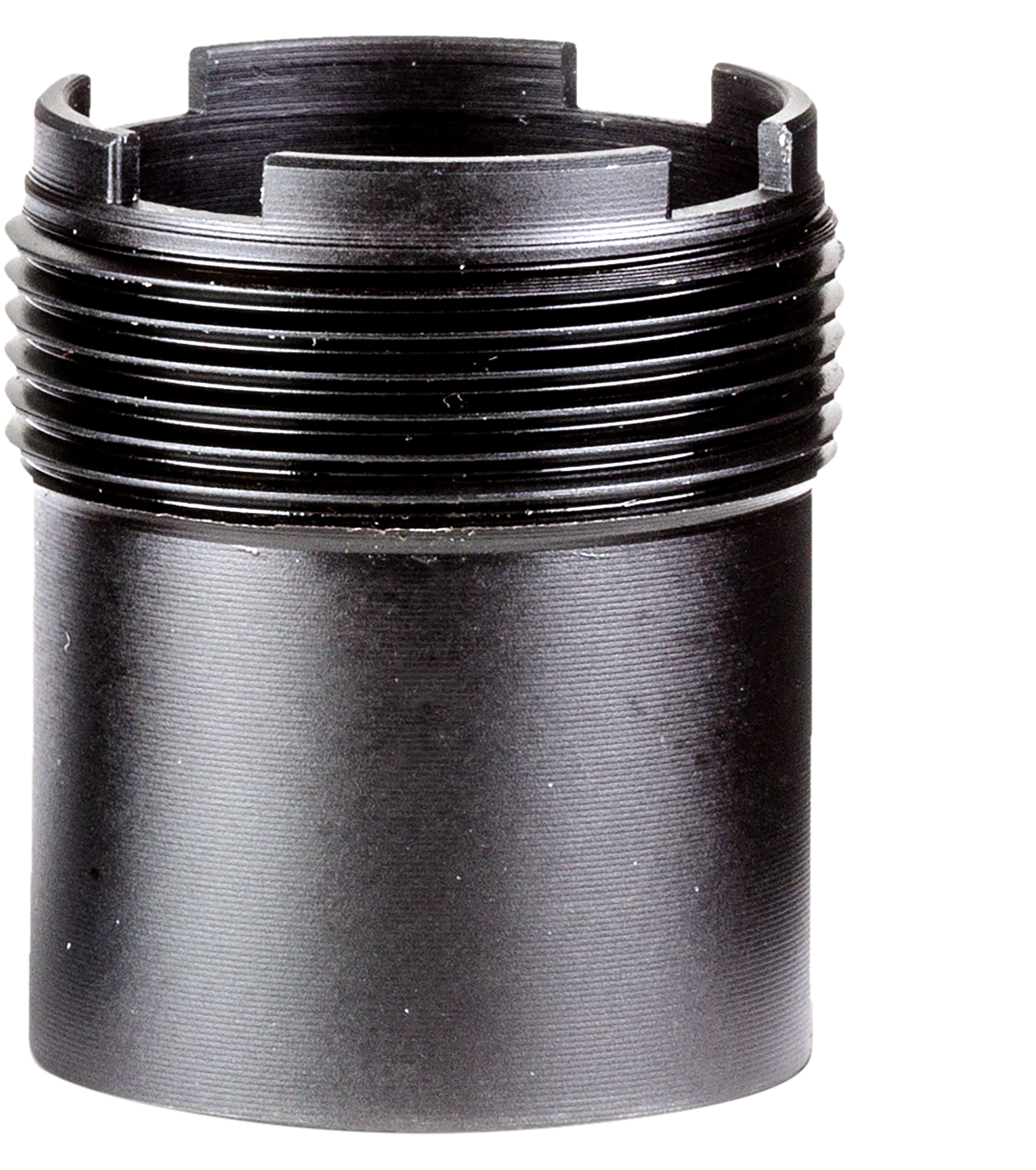 Black threaded cylinder with notched lugs on one end, Banish 12 gauge choke