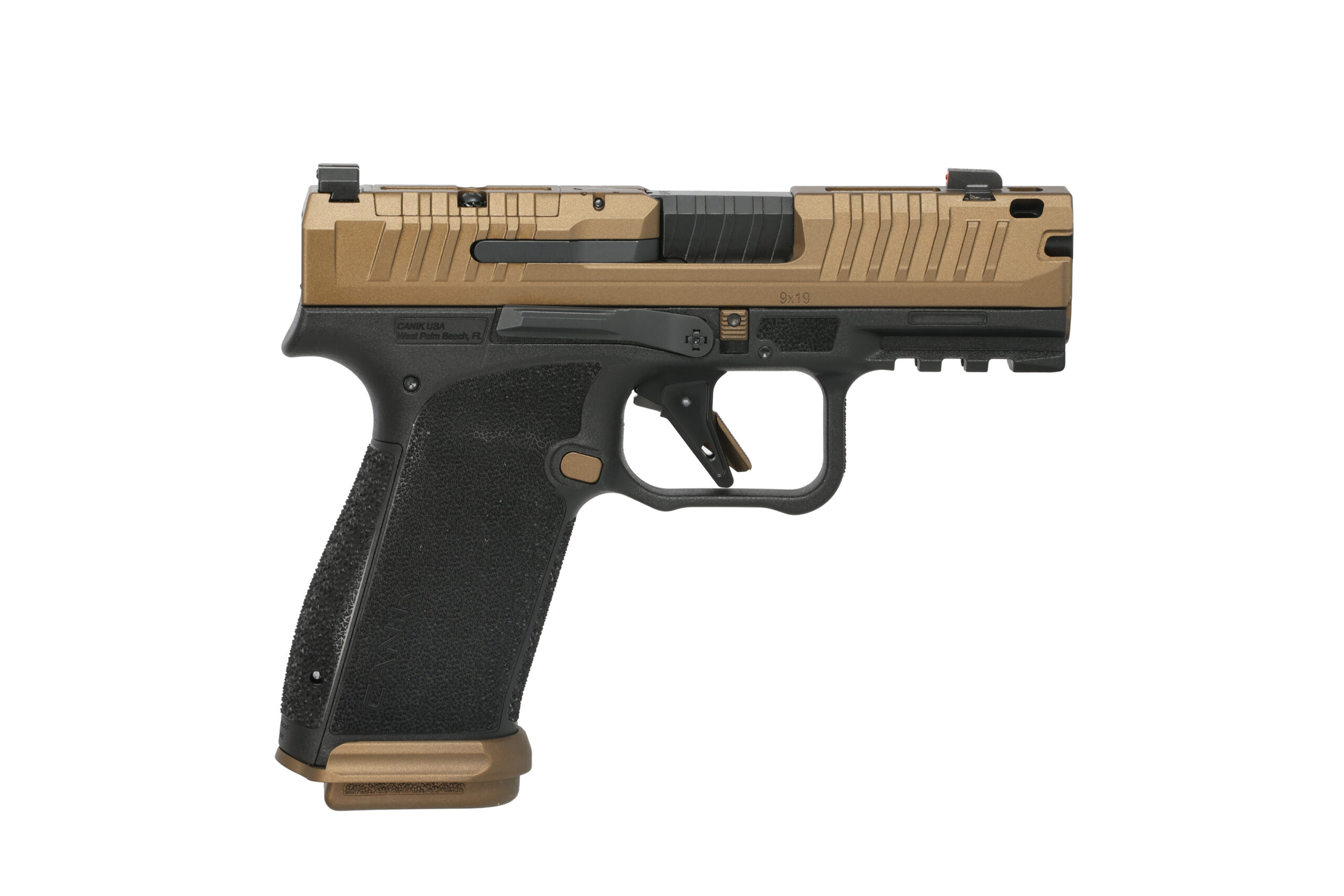 Canik METE MC9 Prime pistol with bronze slide and black frame, right side view