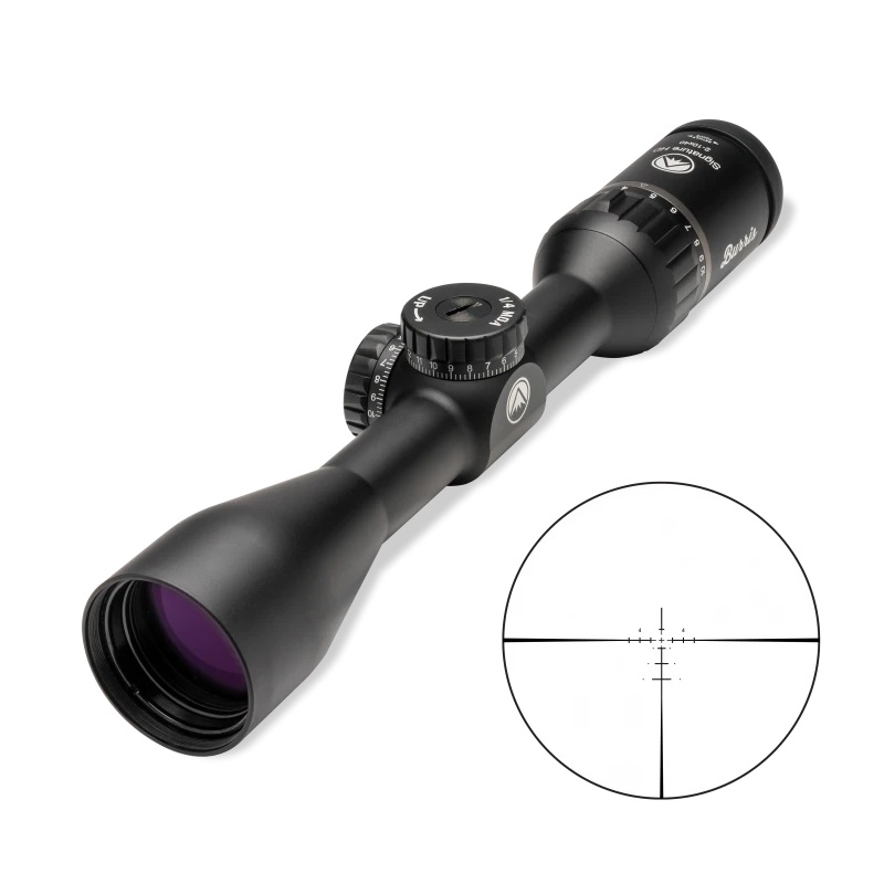 Black Burris Signature HD 2-10x40mm riflescope angled view with turrets and reticle diagram