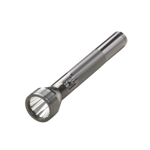 Black Streamlight SL-20L handheld flashlight shown at an angle with the head lit