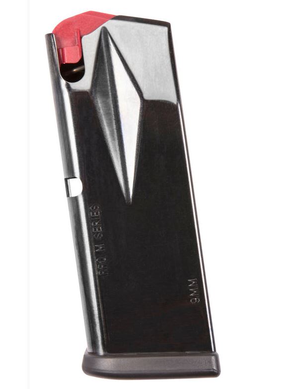 Black Walther PPQ 9mm 10-round magazine with red follower, angled view