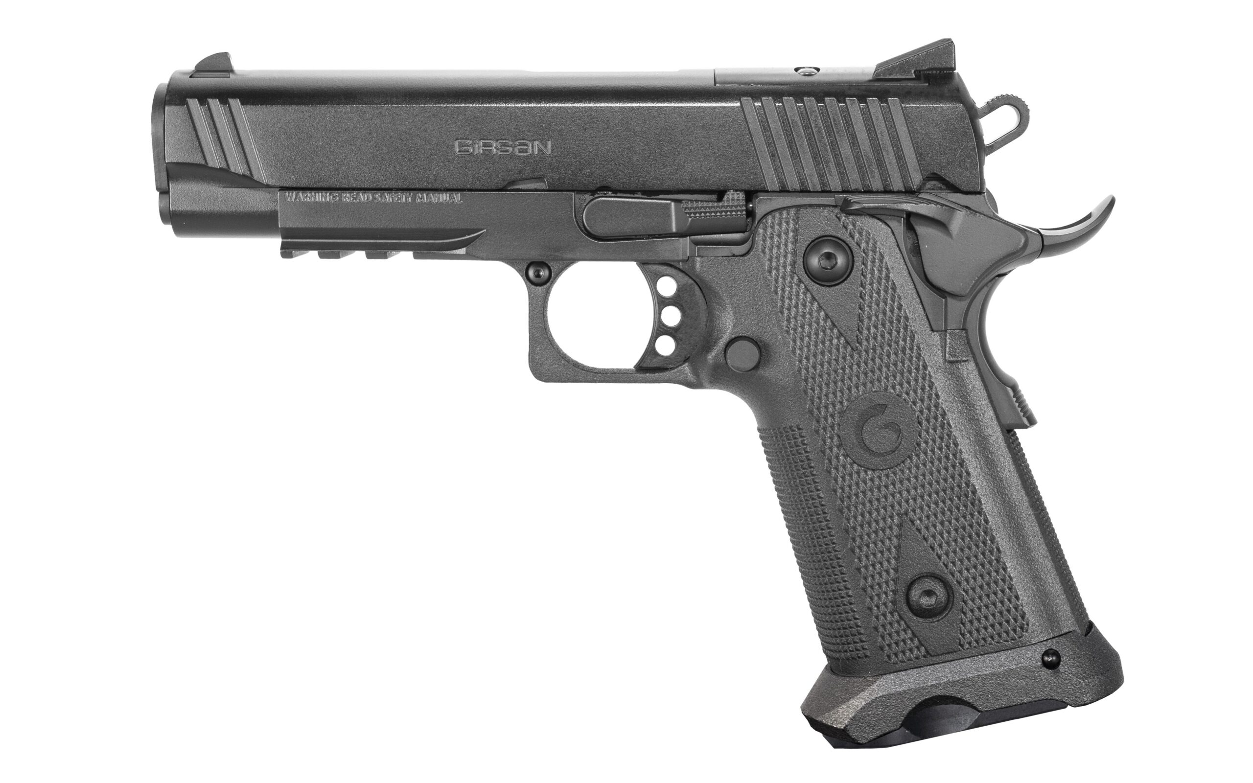 Black 9mm single-action pistol with extended beavertail, right side view