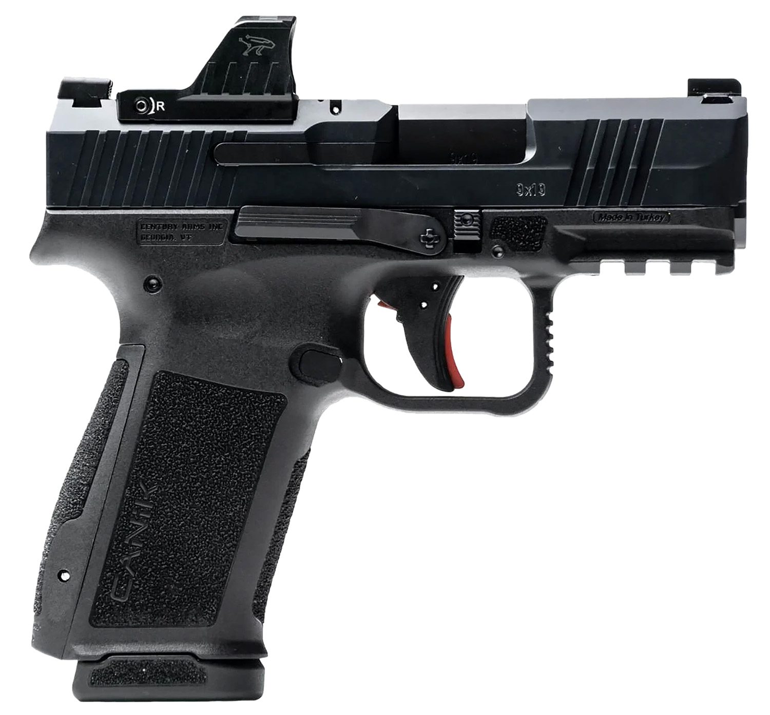 Canik METE MC9L 9mm pistol, right side view with black finish and red dot optic