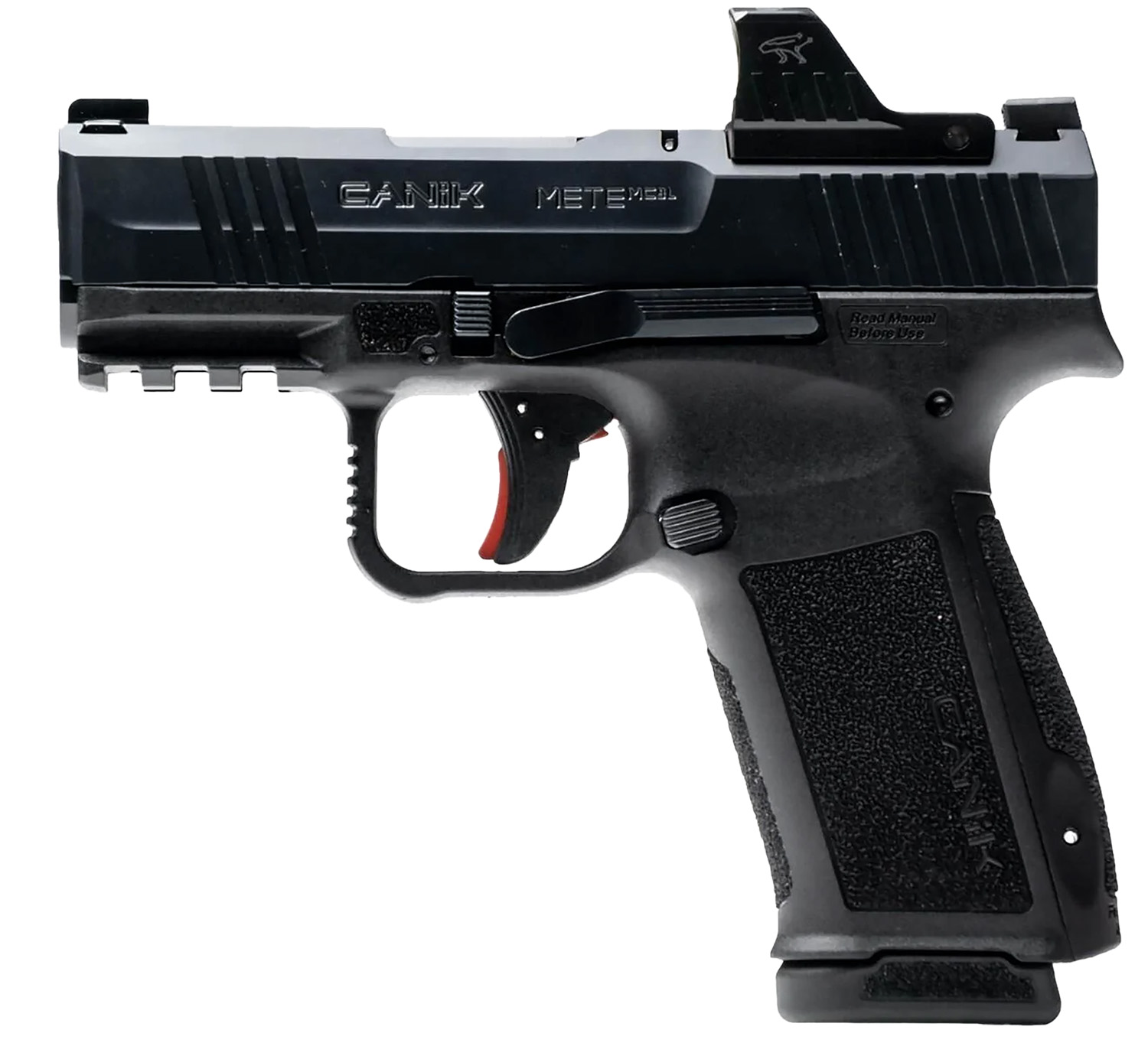 Canik METE MC9L 9mm pistol with black frame and slide and red dot optic mounted