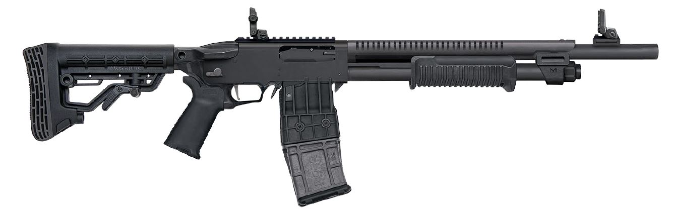 Mossberg 590RM 12 gauge pump shotgun with black synthetic stock, AR-style grip and matte blue finish