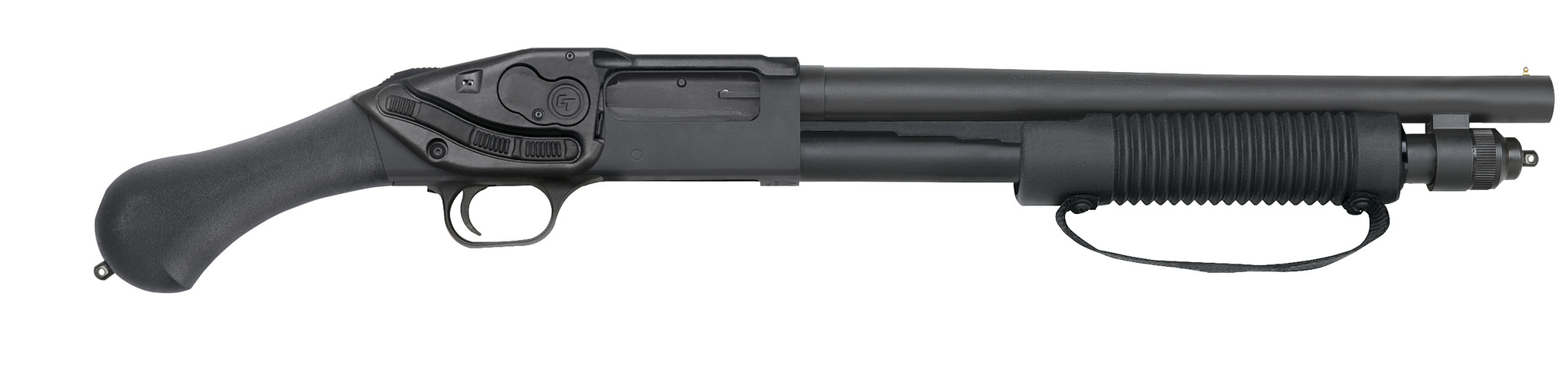 Mossberg 590 Shockwave pump shotgun with black synthetic grip, laser saddle and corncob forend with sling