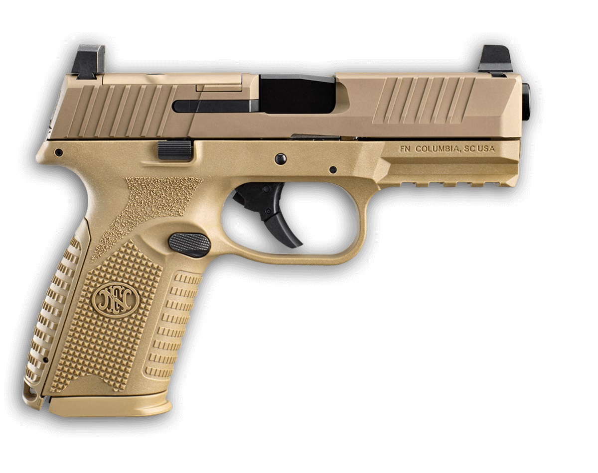 FN 509 Midsize MRD pistol in Flat Dark Earth with black co-witness iron sights