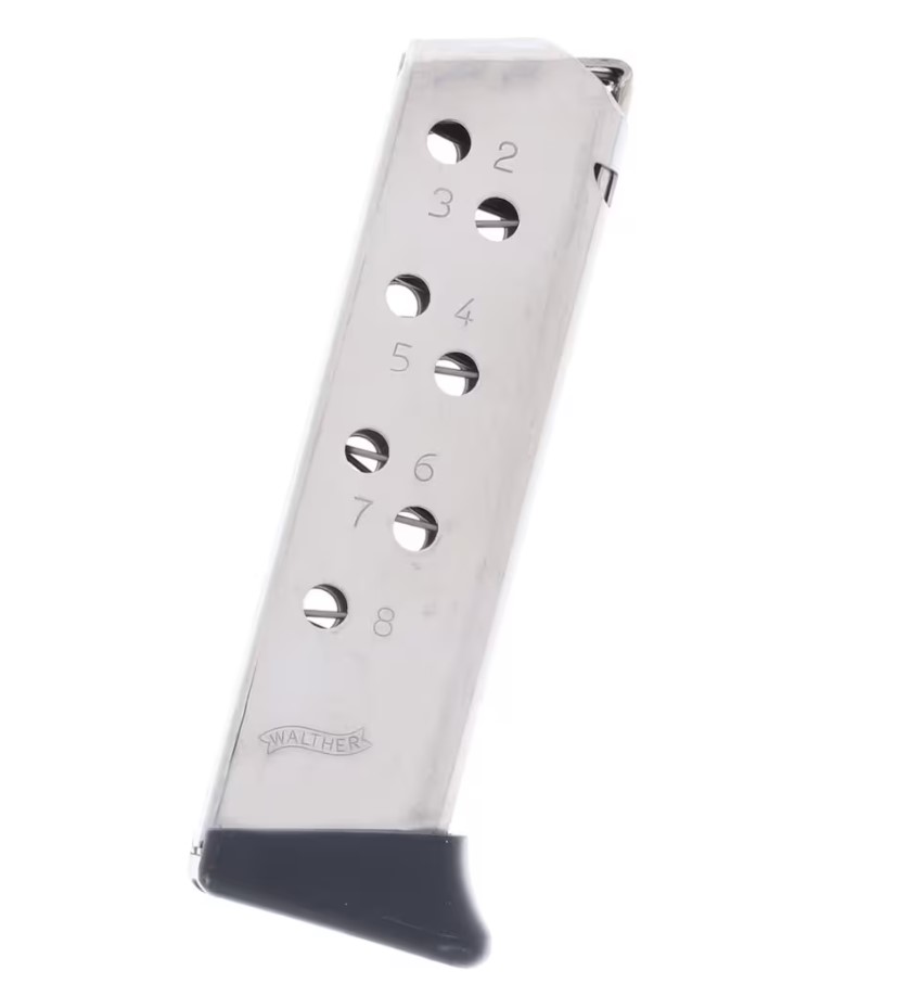 Nickel-finished Walther 8-round .32 ACP pistol magazine with finger rest base