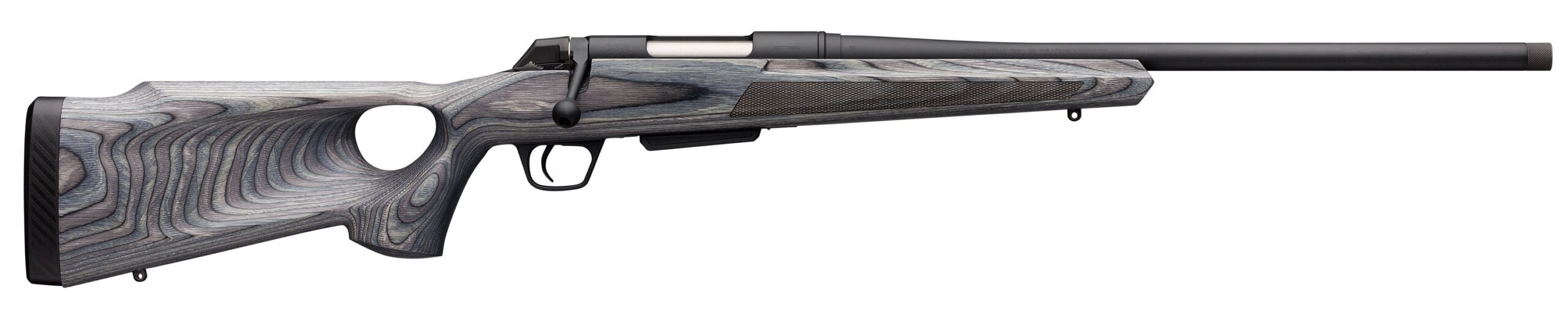 Winchester XPR Thumbhole Varmint rifle with gray laminate thumbhole stock and black barrel