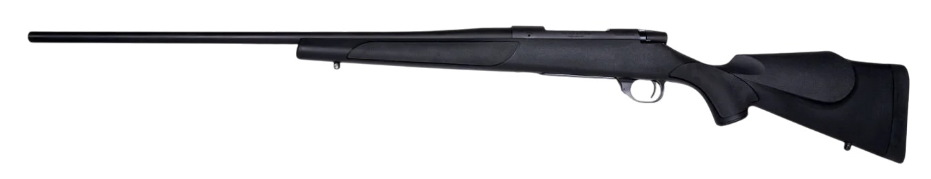 Side view of Weatherby Vanguard rifle with black Monte Carlo synthetic stock
