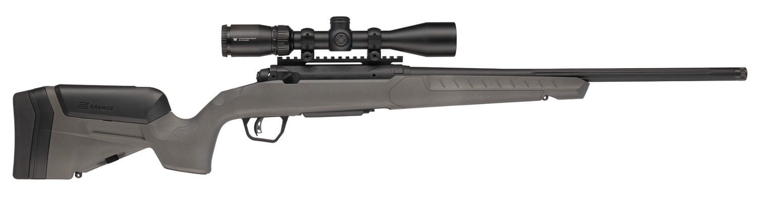 Savage 110 Trailblazer rifle with gray synthetic stock and Savage logo on the stock, side view