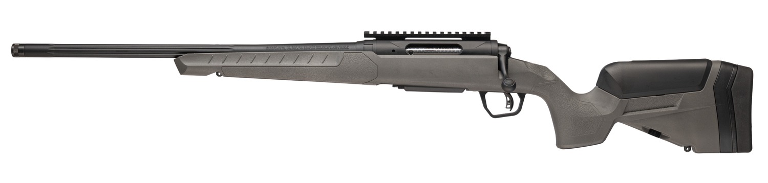 Savage 110 Trailblazer rifle side view showing bolt, trigger and gray synthetic stock