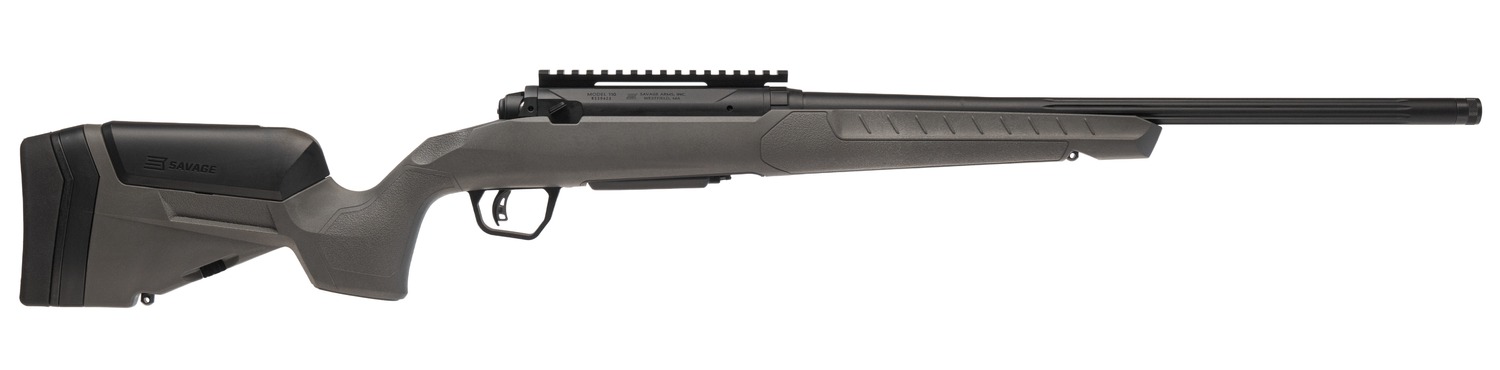 Savage 110 Trailblazer left-hand rifle side view with gray synthetic stock and fluted barrel