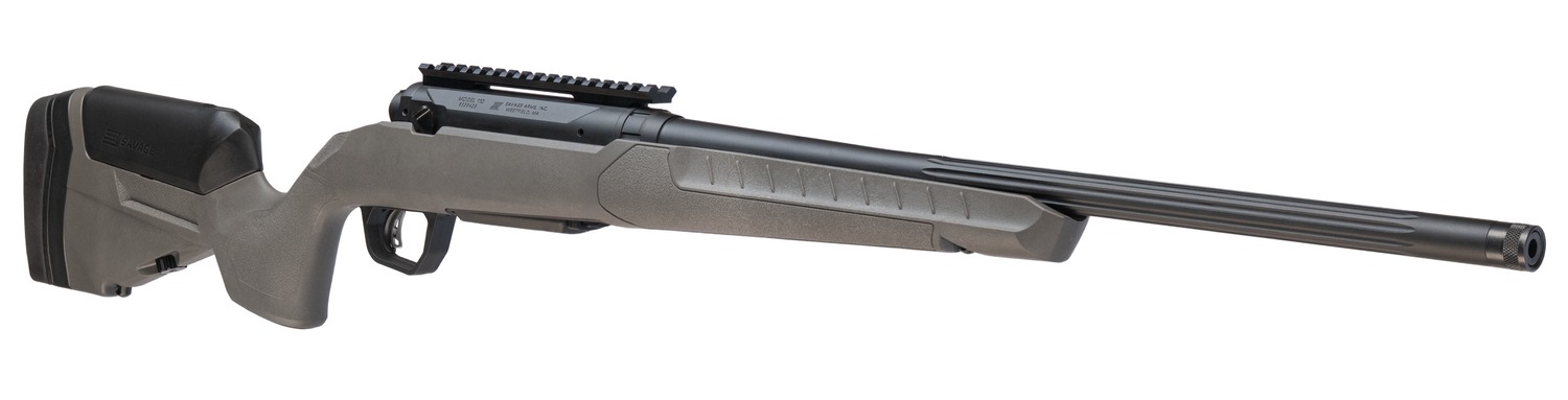 Savage 110 Trailblazer rifle angled view showing gray stock, fluted barrel and top rail