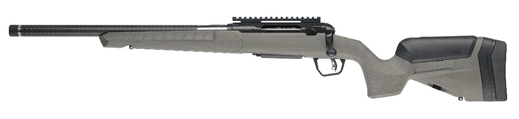 Savage 110 Carbon Hunter bolt-action rifle with gray synthetic stock and 20 inch barrel, left side view