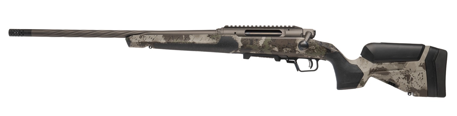 Savage 110 bolt-action rifle with camo stock and spiral fluted barrel