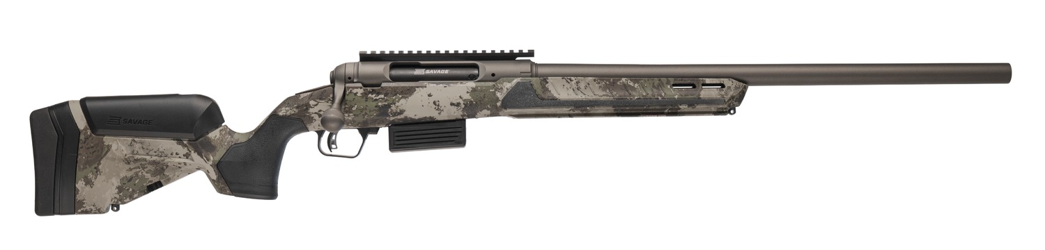 Savage 220 Harvester 20 gauge bolt shotgun with Woodland camo stock and 22 inch slug barrel, right side view