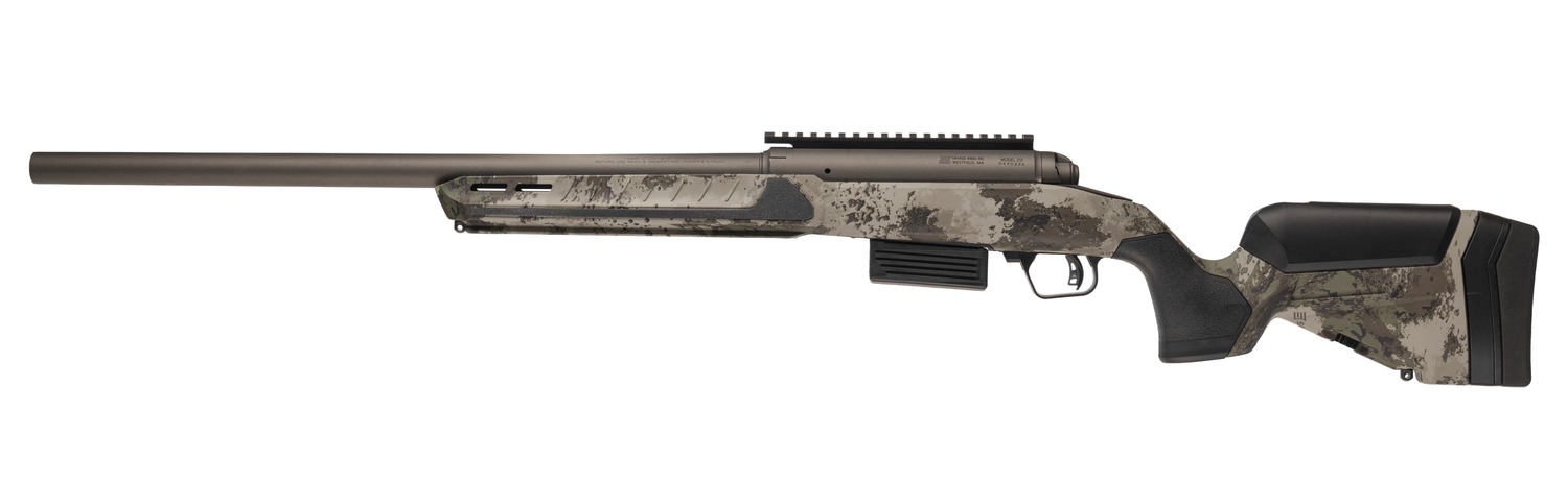 Savage 220 Harvester bolt-action shotgun in camo AccuStock, left side view with long barrel