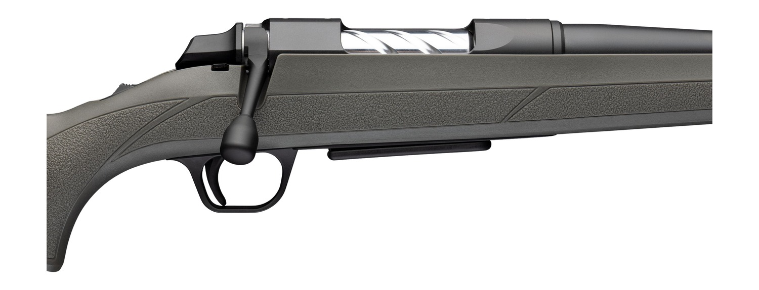Close-up of Browning AB3 bolt, receiver and gray/green stock with bolt release and trigger guard