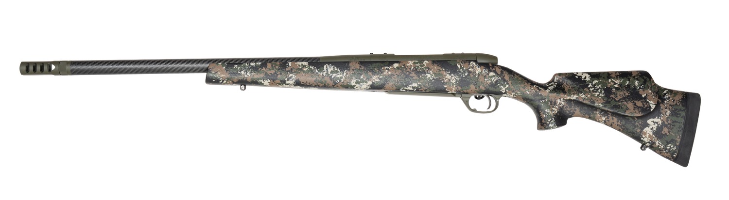 Weatherby Mark V Carbon Compact rifle in camo stock, left side view showing carbon barrel