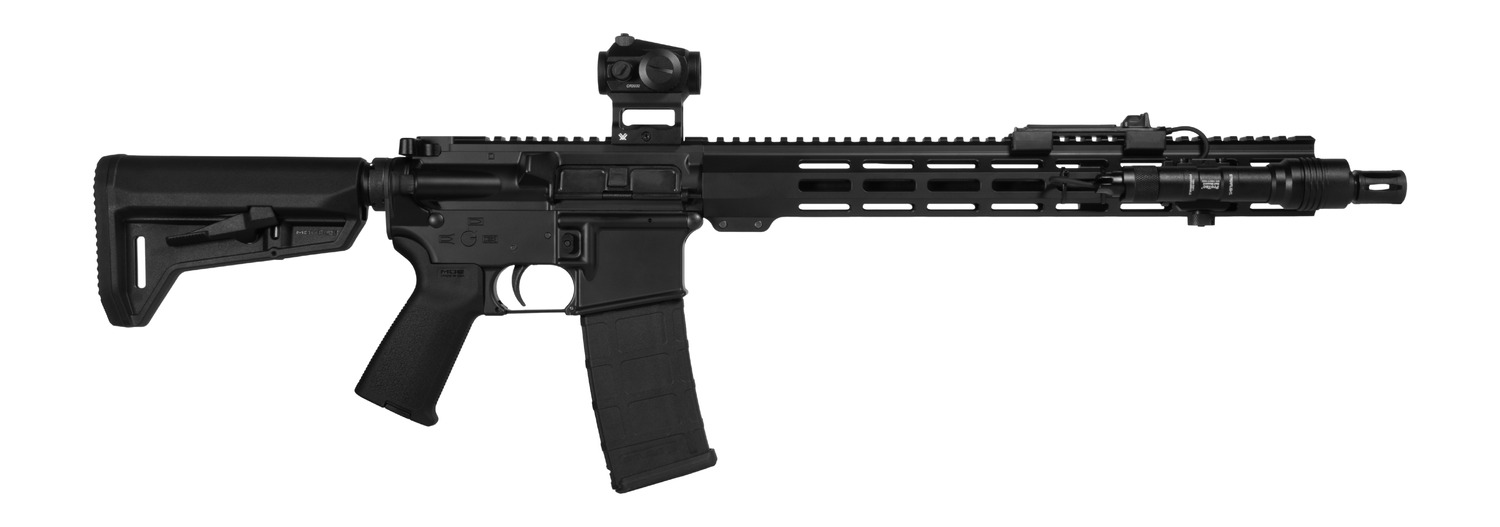 Black AR-style rifle with red dot optic, weapon light and M-LOK handguard