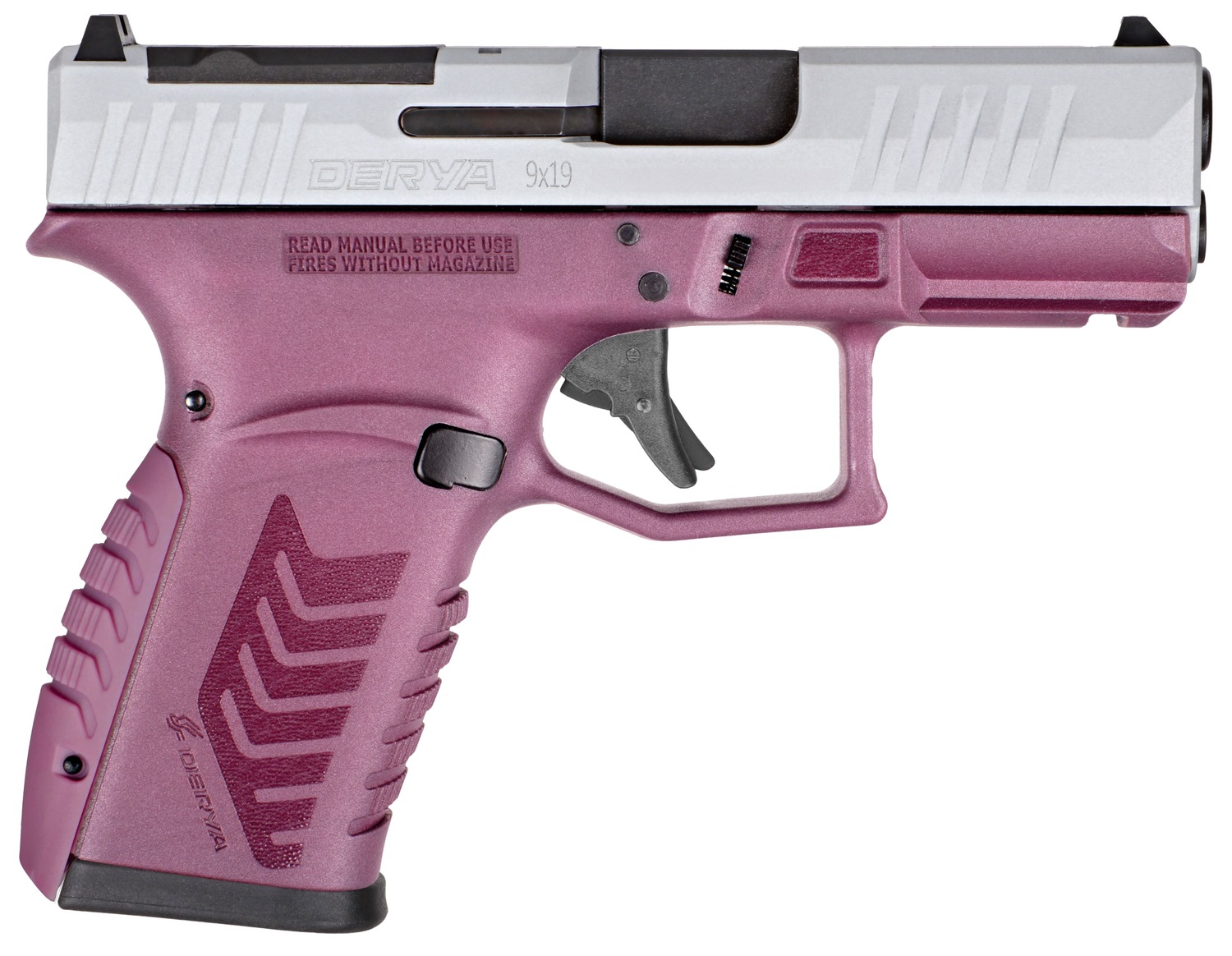 Derya DY9Z 9mm pistol with silver slide and pink polymer frame