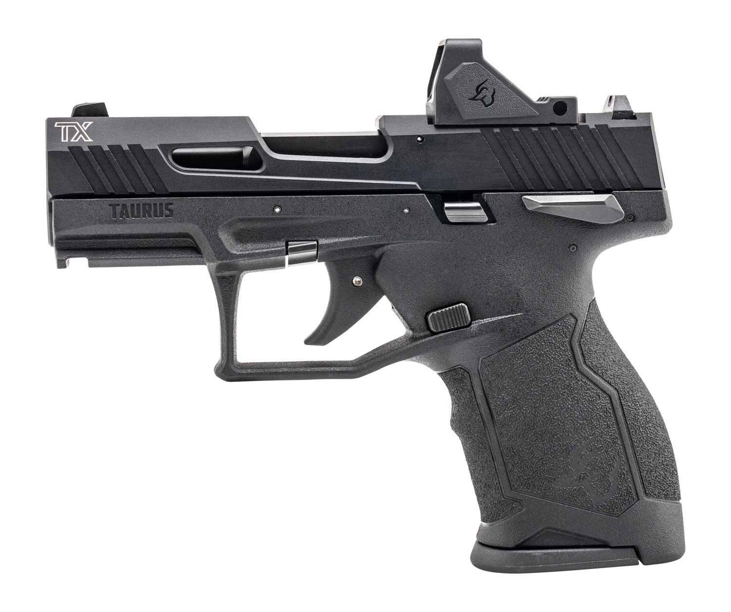 Taurus TX22 compact pistol in black with red dot optic, left side view