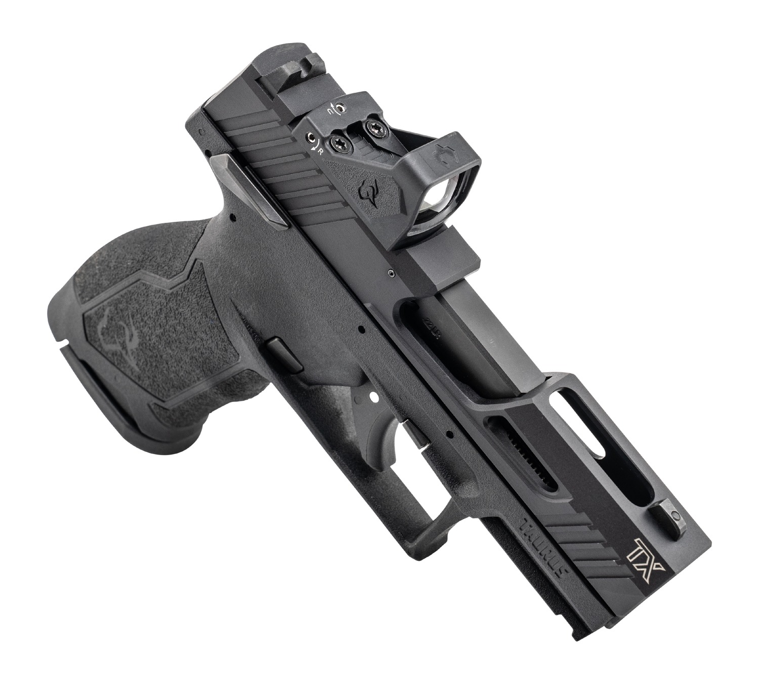 Taurus TX22 pistol angled view showing slide and frame with red dot optic