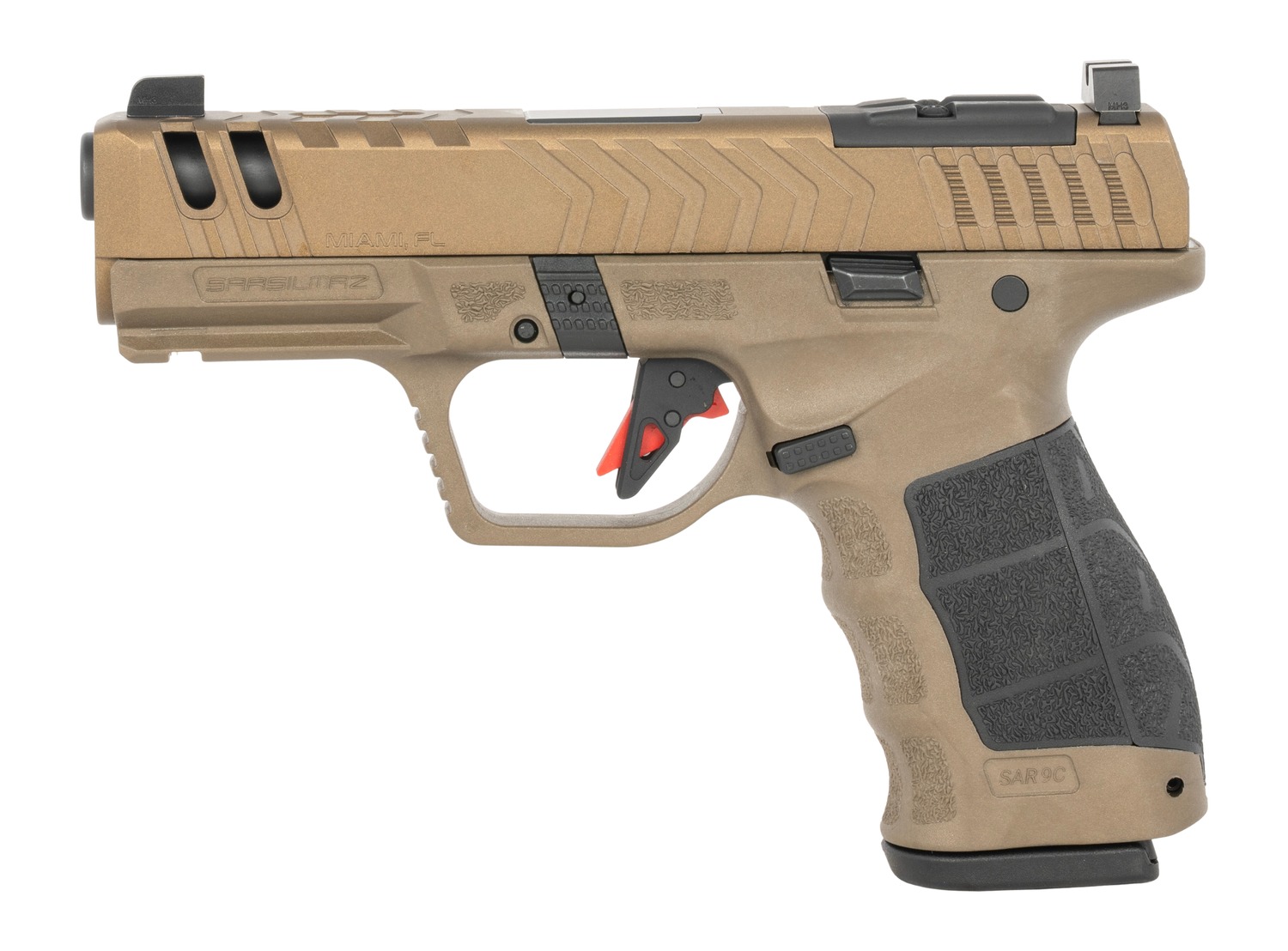 SAR9 Gen3 bronze pistol, left side view showing the optic cut slide and red trigger