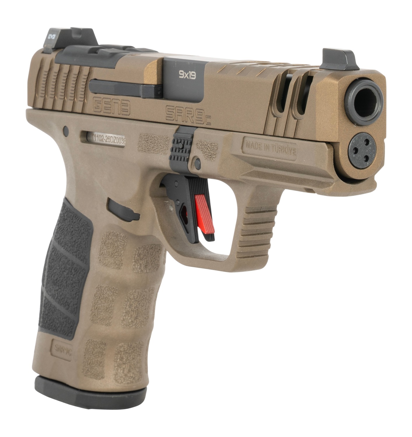 SAR9 Gen3 compact pistol in bronze, three-quarter view showing the muzzle and grip