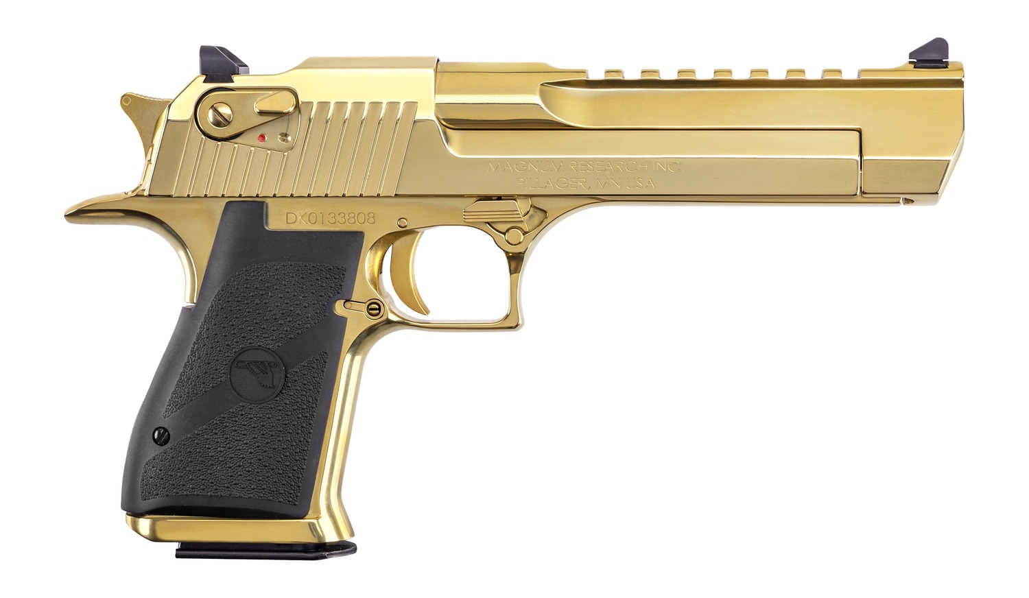Magnum Research Desert Eagle Mark XIX pistol in gold zirconium nitride with black grips, right side view