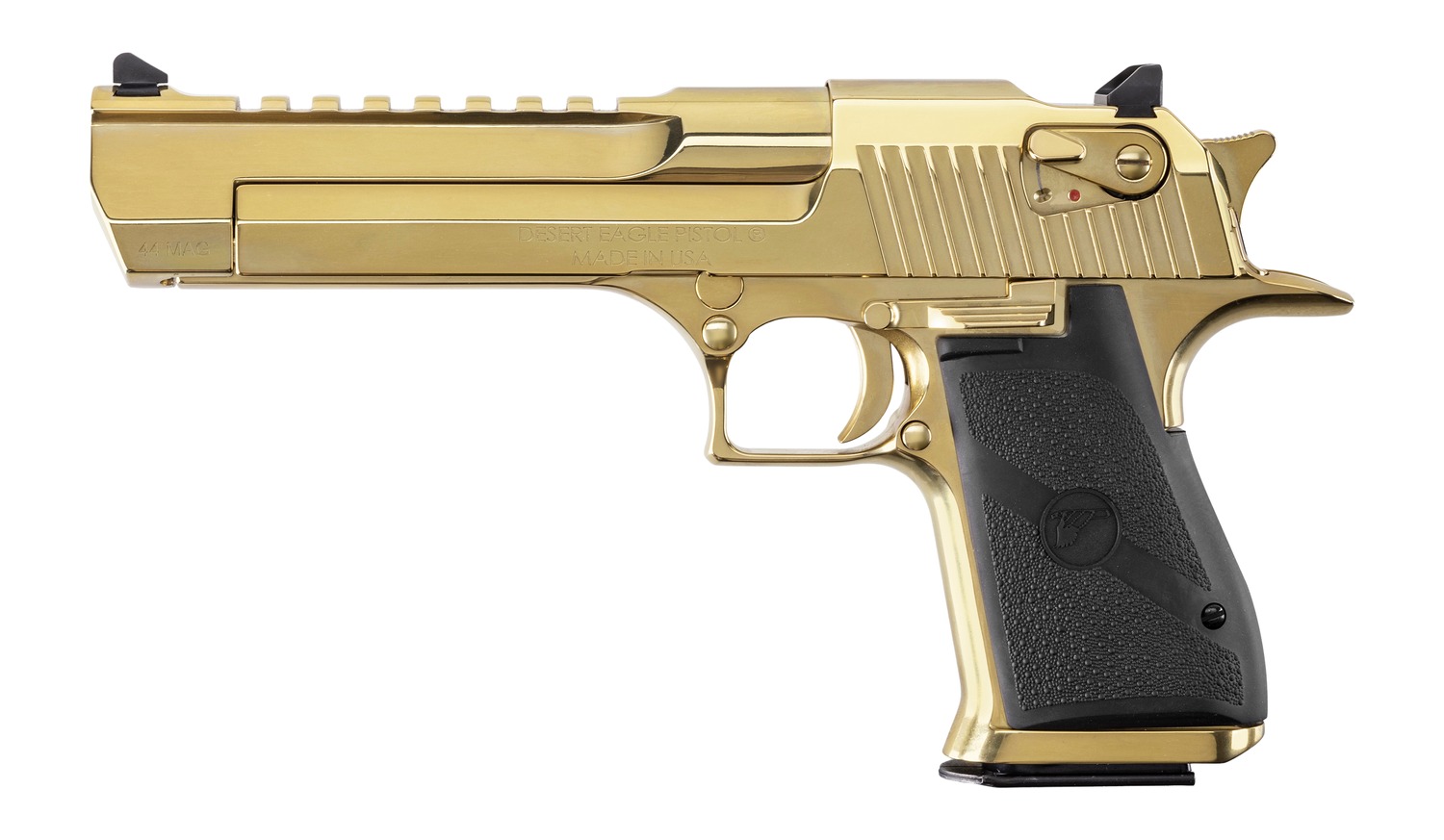 Gold Desert Eagle Mark XIX pistol with black rubber grips, left side view