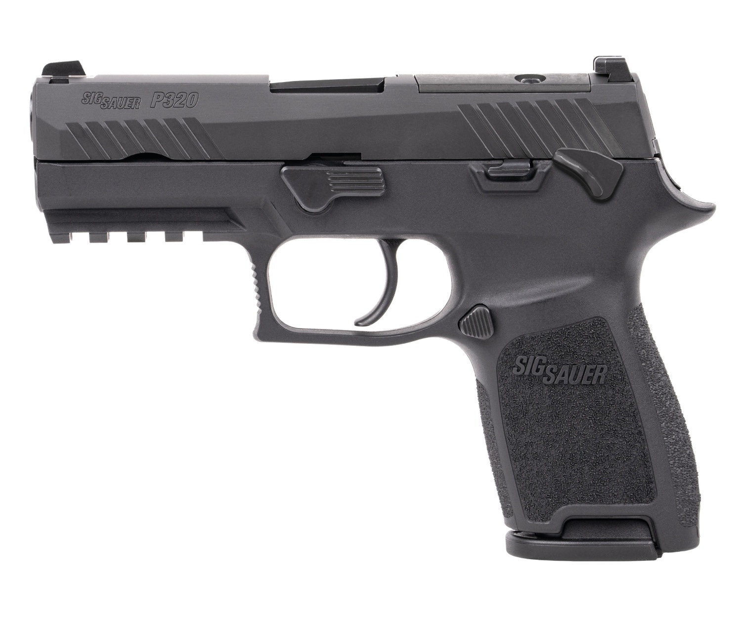 SIG Sauer P320 compact 9mm pistol in black, right side view