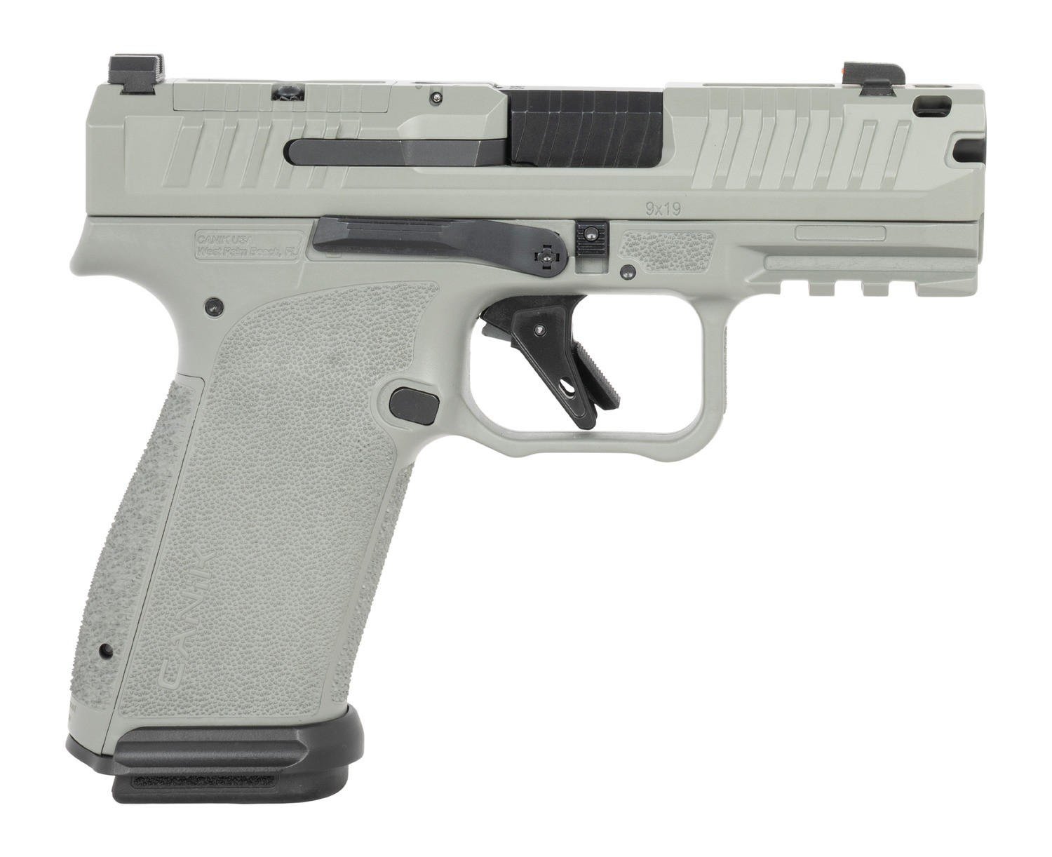 Canik Mete MC9 Prime pistol in gray, right side profile with serrated slide and textured grip
