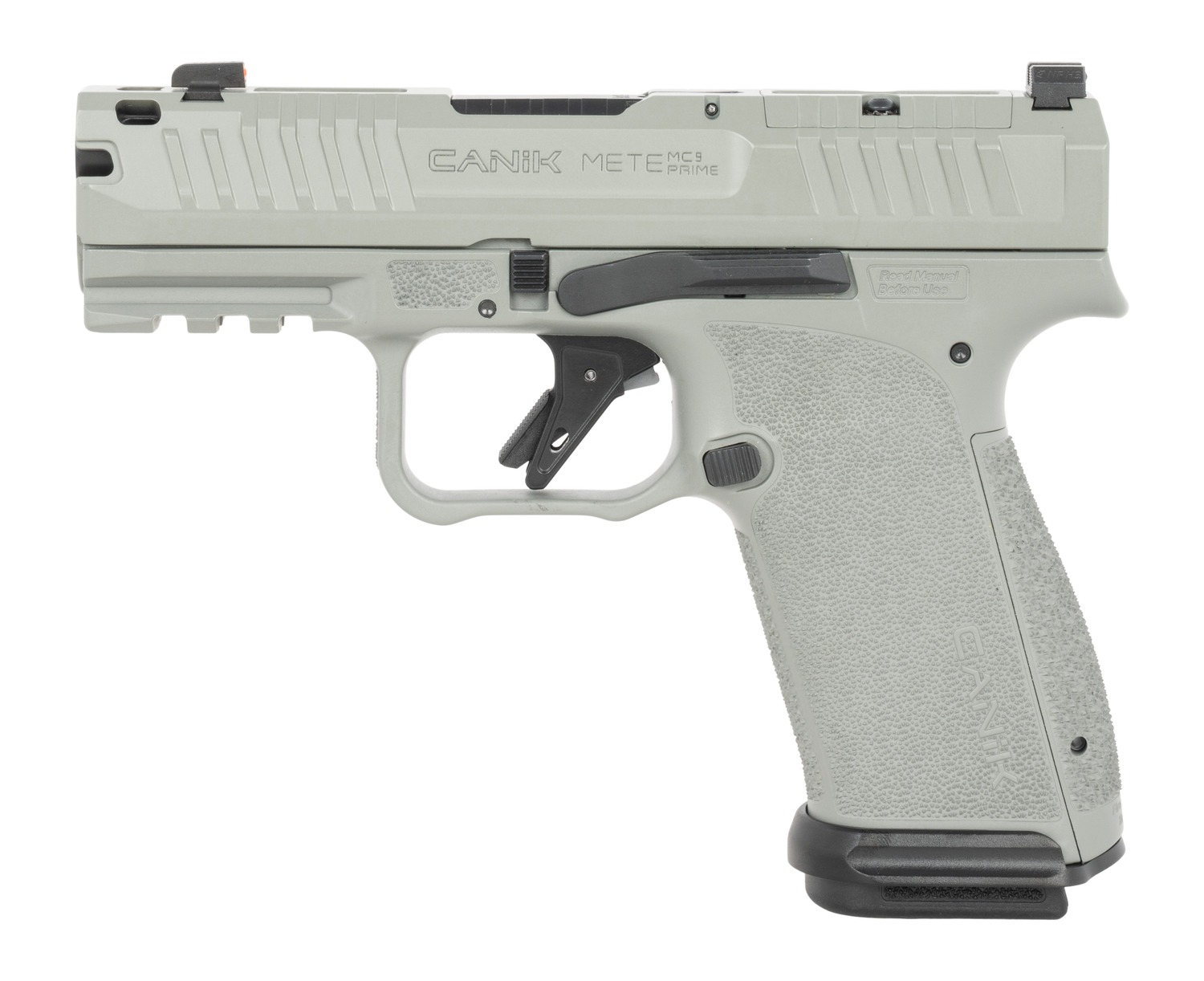 Canik Mete MC9 Prime 9mm pistol in gray, right side view showing optic-ready slide
