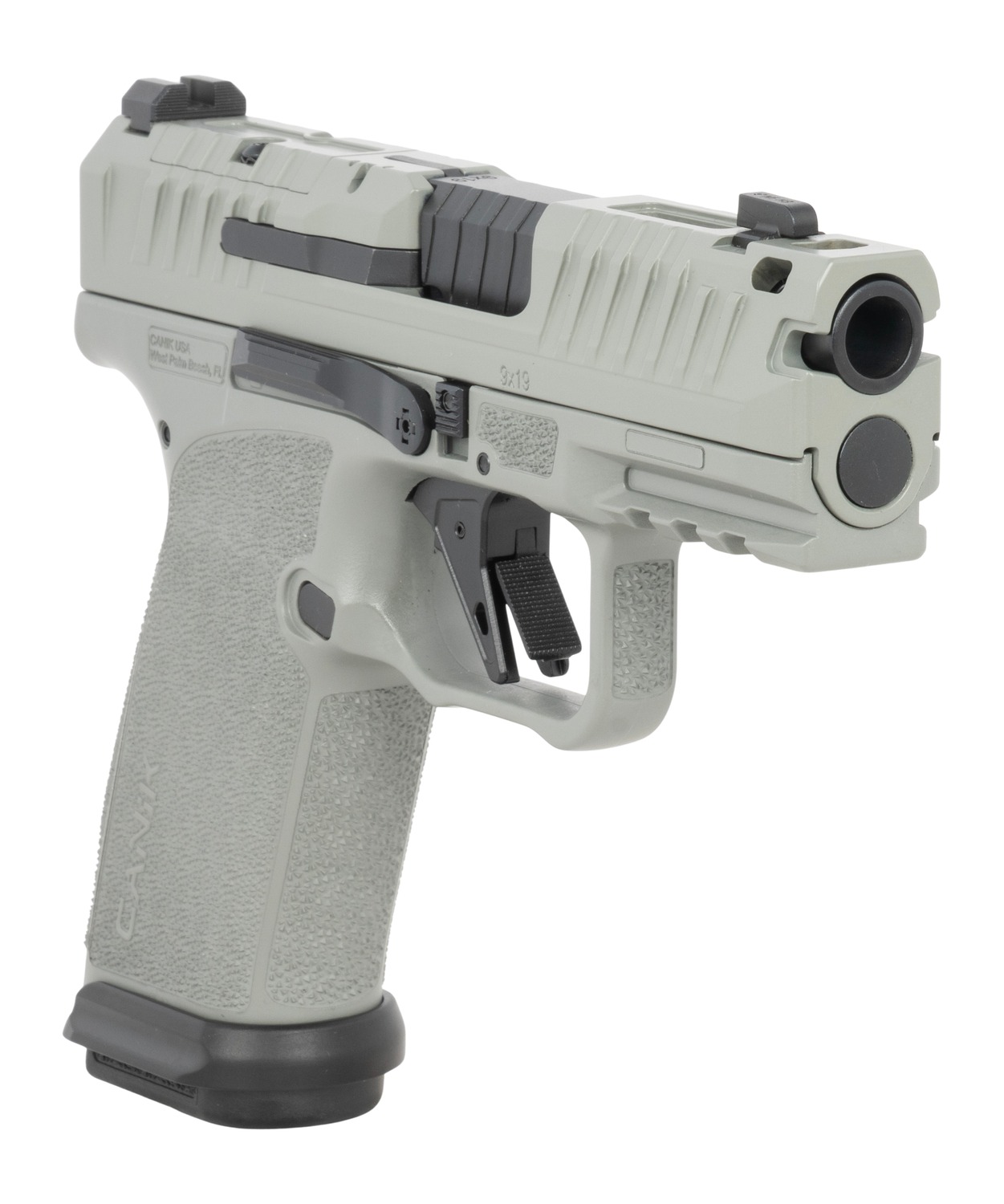Canik Mete MC9 Prime pistol in gray, angled view showing compensated muzzle
