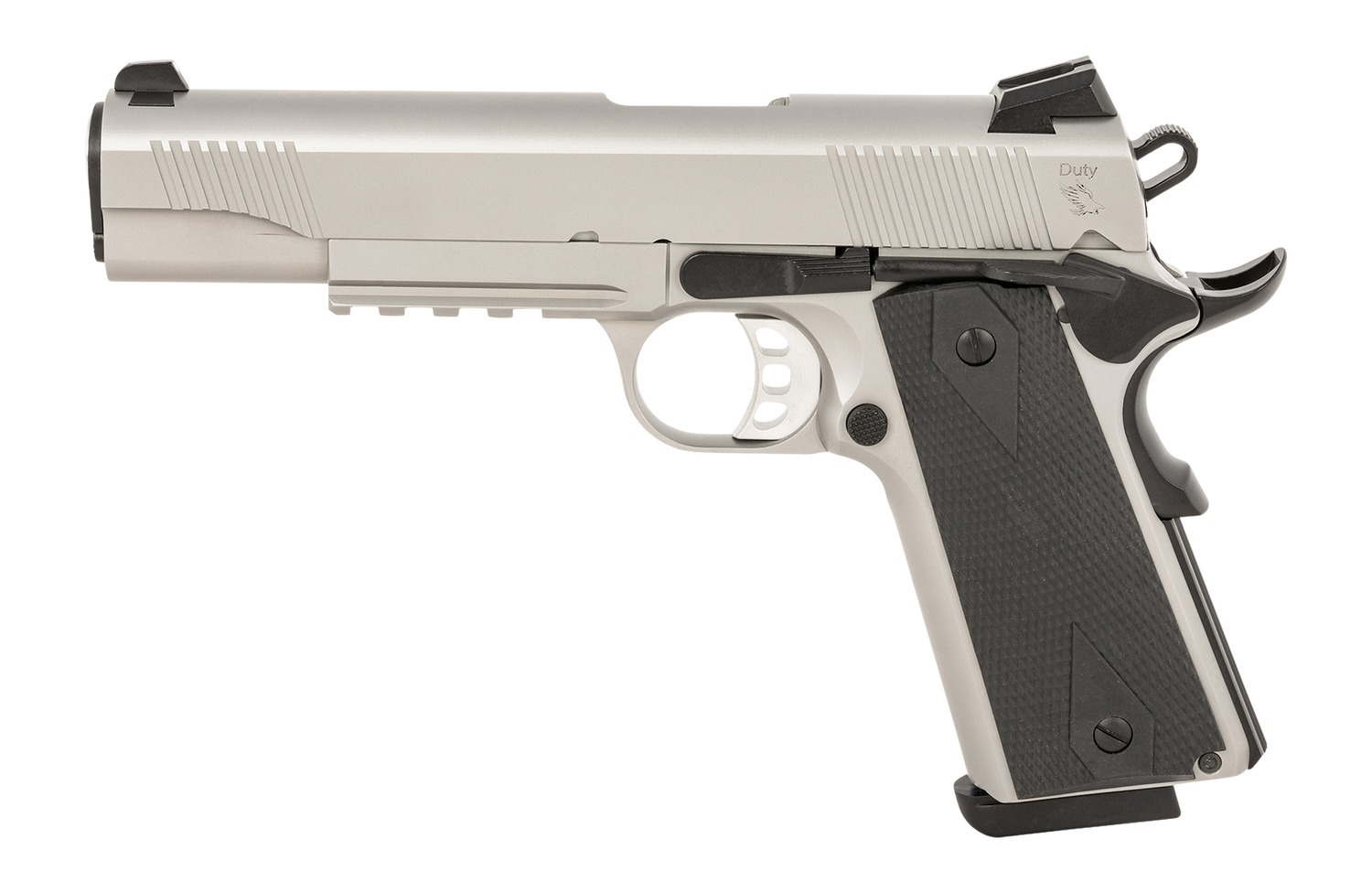 Tisas 1911 Duty stainless pistol with black grips and front rail, right side view