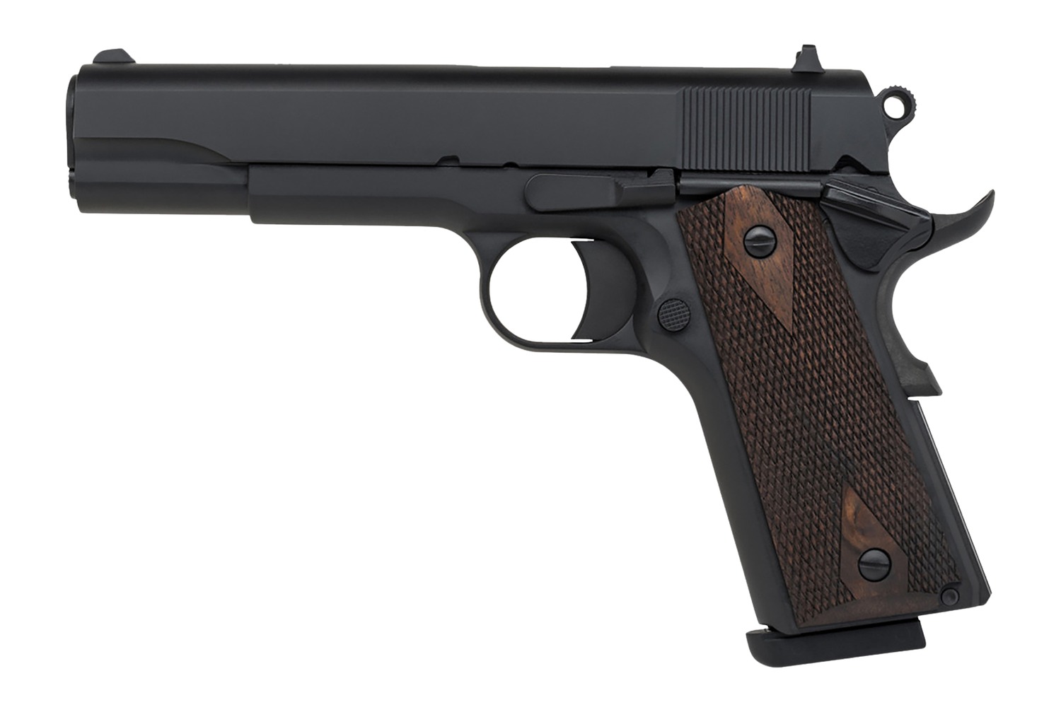 Tisas 1911A1 Stakeout .45 ACP pistol with black finish and walnut grips, right side view