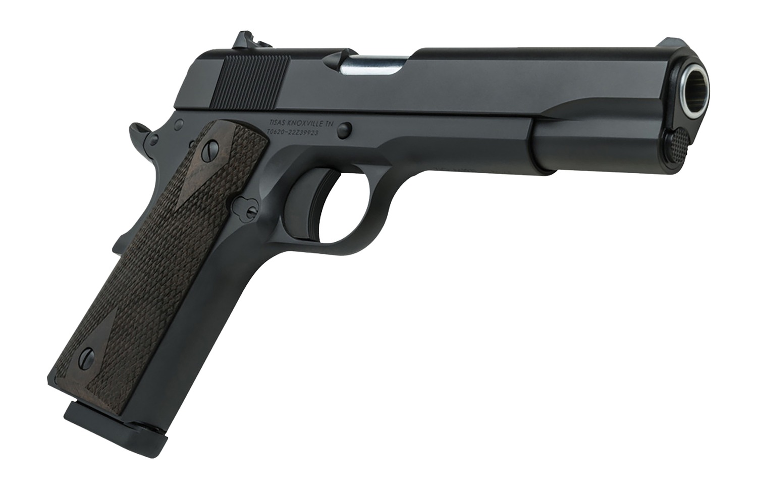Tisas 1911A1 Stakeout pistol angled view showing muzzle and walnut grips