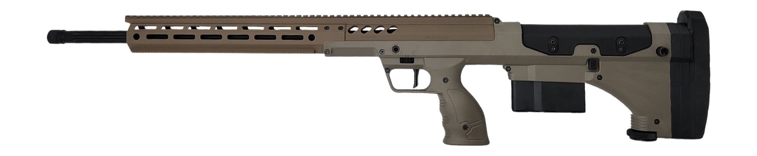 Desert Tech SRS M2 rifle in Flat Dark Earth, side view showing threaded muzzle and adjustable stock