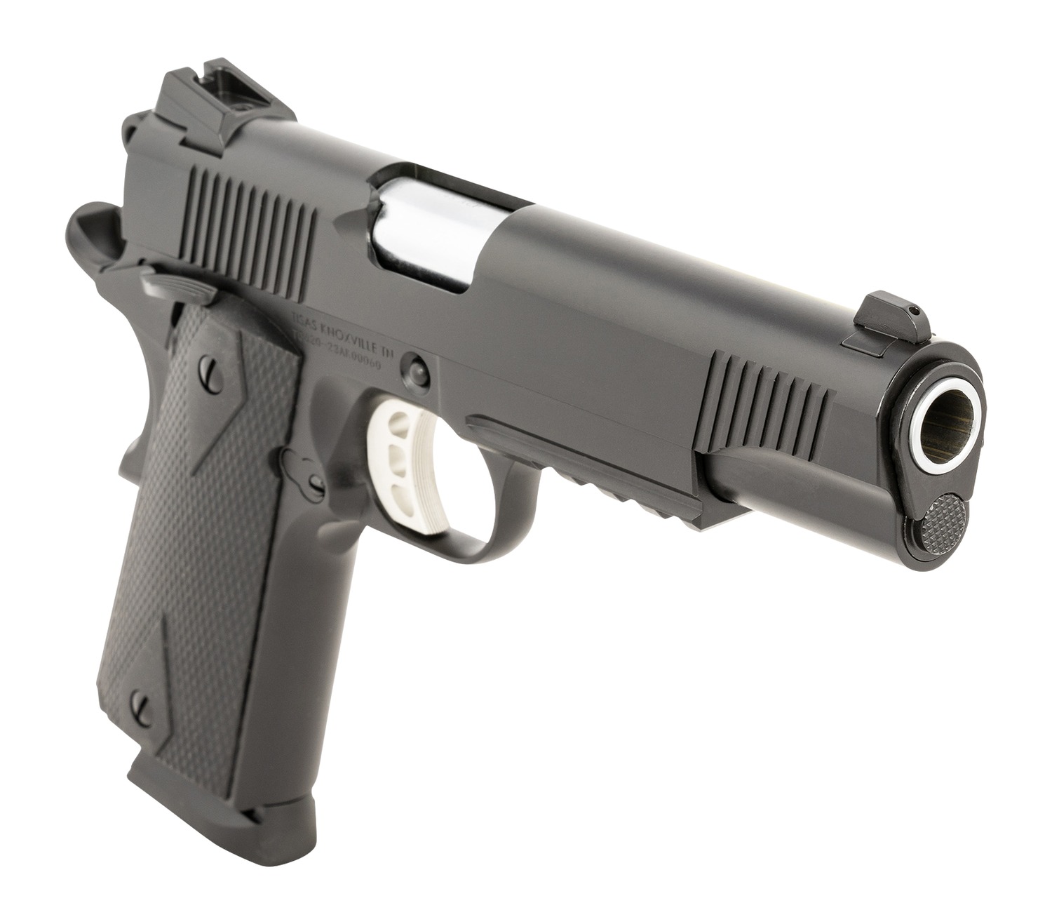 Tisas 1911 Duty pistol angled view showing muzzle and black slide