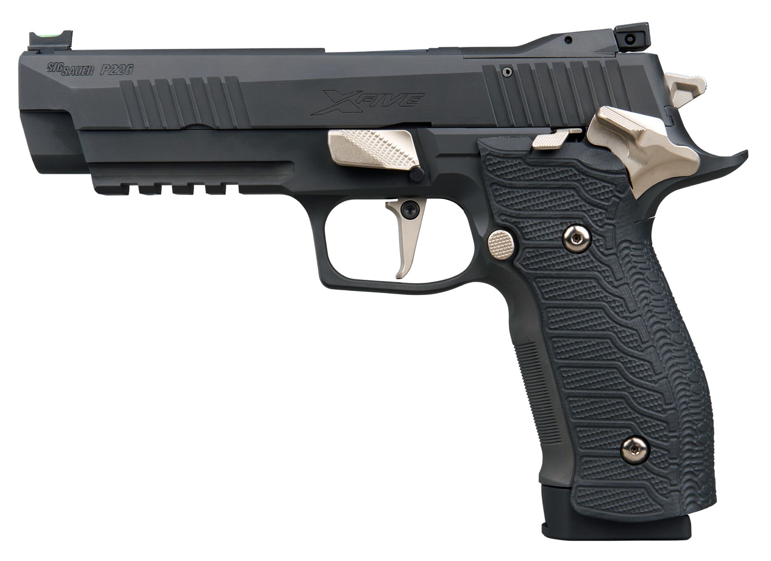 SIG Sauer P226 XFive Nightmare pistol in black with silver controls and Hogue grips