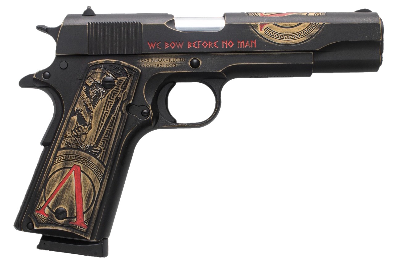 Tisas Spartan 1911 pistol with distressed black and gold Cerakote and engraved grips