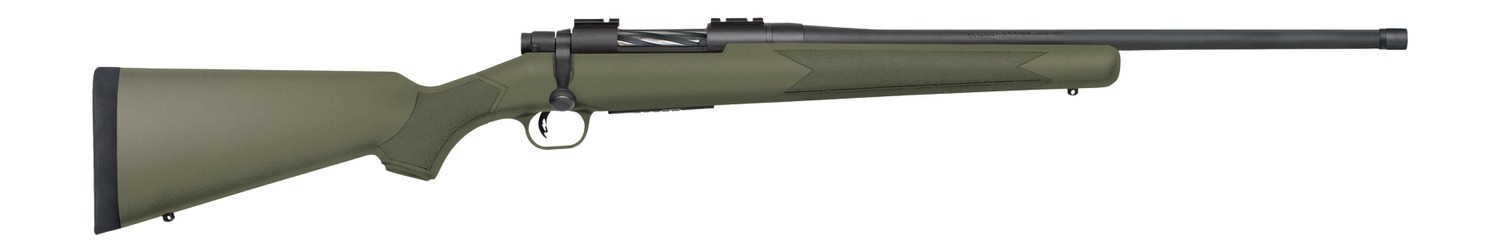 Mossberg Patriot bolt-action rifle with matte blued threaded barrel and OD green synthetic stock